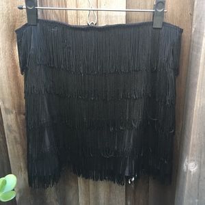 Black swingy fringe miniskirt, stretch, 13-inch